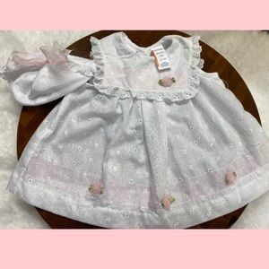 Little Bitty-white dress eyelet, w/pink ribbon & flowers, sz 12 mo, hat.
NWOT